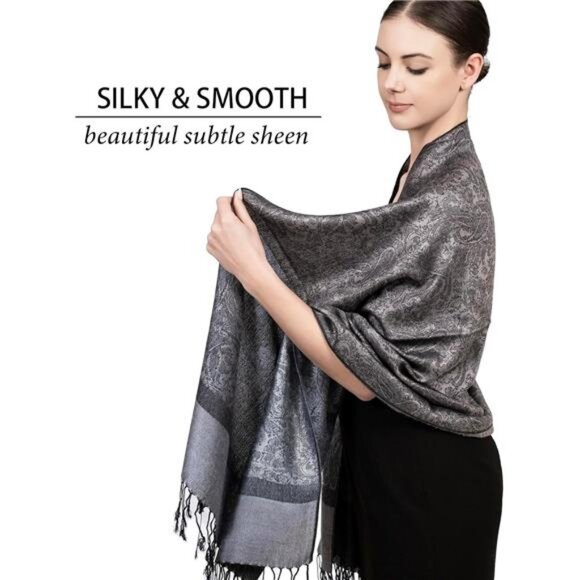 Two-Tone  Paisley Pashmina Scarf – Lightweight Grey - Picture 4 of 6